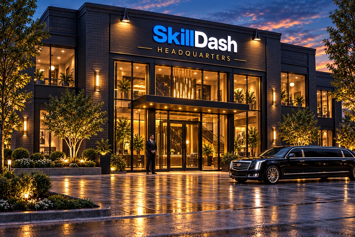 The current SkillDash Headquarters office at dusk, with illuminated windows, a doorman and a limousine outside